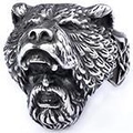Detail of vintage oxidized silver Viking ring featuring intricate warrior and bear head carving - Warrior And Bear Head Antique Silver (25204)