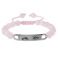 Detail of pink beaded woven bracelet with a custom eye photo on the silver metal plate - Pink Crystal Bracelet - Silver Metal Plate