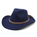 Detail of navy blue cowboy hat with rhinestone-studded brown leather band and wide brim - Navy Blue