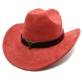 Close-up of red suede cowboy hat featuring vintage bull head metal ornament and rivets - M (56-58cm) / Caramel color