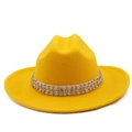 Detail of yellow wool fedora hat with studded rhinestone trim on a white background - M (56-58cm) / Yellow