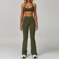 Dark green backless yoga set featuring halter sports bra and high waisted flared leggings - S / Bra Style 2 + Flare Pants / Vine Green