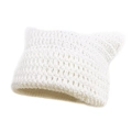 Handmade white crochet cat ear beanie in chunky knit wool for winter warmth - One Size / White
