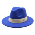 Detail of dark blue wool fedora hat featuring woven band and gold M logo emblem - Blue