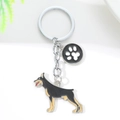 Metal Doberman keychain with paw print pendant in brown and black enamel finish - 10cm 15g / Doberman with Paw Print (M10190)