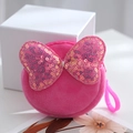 Fuchsia plush round coin purse with a large shiny sequin bow and pink clip - Rose Red