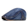 Vintage blue washed denim flat cap with yellow stitching and brown leather-trimmed brim - Deep Blue 1