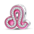 Macro shot of pink enamel Leo zodiac charm with silver plating and cubic zirconia - Pink Leo Bead