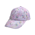 Detailed view of kids pink baseball cap featuring unicorn and rainbow cartoon patterns - Pink - Unicorn Print