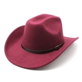Detail of burgundy wool felt western hat with dark brown leather belt and metal buckle - M (56-58cm) / Burgundy