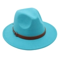 Detail of blue wool felt fedora featuring a brown leather band and silver buckle - Lake Blue