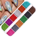 Macro shot of 12-color laser holographic nail glitter powder set in a transparent box - 12 Colors Holographic Laser Glitter Powder Set(亮片17)