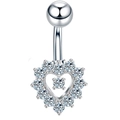 Silver stainless steel heart belly button ring with sparkling clear zircon stones - Steel Heart-JE0401A