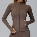 Women's heather brown slim fit athletic jacket with thumbholes and zip pockets - S / Tops / Rock Brown
