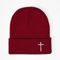 Classic wine red knit beanie featuring a white cross embroidery in street fashion style - Burgundy
