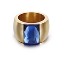 Polished gold stainless steel wide band ring with a large rectangular blue faceted stone - Blue Stone Style (KR34703-K)