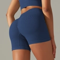 Seamless navy blue yoga set featuring high waisted lifting shorts and ribbed sports top - Shorts - Dark Blue