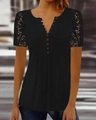 Women's black V-neck top featuring elegant lace hollow short sleeves and button detail - S / Tops / Black (Short Sleeve)