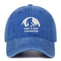 Detail of HIDE & SEEK CHAMPION embroidery on washed denim blue cotton baseball cap - One Size / Dark Blue