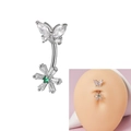 Silver butterfly and green flower belly ring with zircon stones on model - Silver-Butterfly Flower