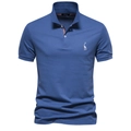 Blue cotton polo shirt with white giraffe embroidery and classic piqué texture - Denim Blue