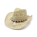 Detail of hollow-out woven straw cowboy hat with shell beads and tassel band - M (56-58cm) / Beige