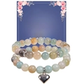 Detail of pink zebra stone beaded bracelets set with heart charm and gift card - Amazonite Stone Set