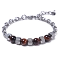 Detail of red tiger eye stone beads and polished stainless steel chain on a men's bracelet - Reddish Brown (Red Tiger Eye)