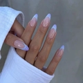 French long almond press-on nails with nude pink base and blue-purple swirl design - Bz1484 Pity The Beauty / Jelly Glue + Nail File