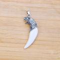 Wolf tooth resin pendant necklace with silver tiger head metal top and cord - Leopard Head Style Pendant