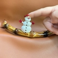 Festive snowman Christmas brooch with red hat and golden trim on a bamboo base - Red Glove Snowman - Brooch