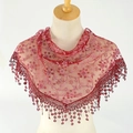 Elegant red lace triangle headscarf with floral embroidery and polka dot tassel fringe - 125-36cm / Burgundy