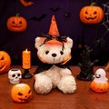 White teddy bear plush toy wearing orange spider web wizard hat and black cape - White Bear - Orange Collar Cape