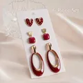 Six-piece set of vintage deep red enamel earrings in heart, square and oval shapes - Silver Pin-Red (6-Piece Set)