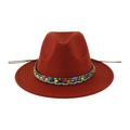 Rust red wool felt fedora hat with ethnic beaded band and flat brim for women - 58cm / Brick Red