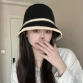 Women's black straw bucket hat with beige stripes and delicate hollow knit pattern - L (54cm-58cm) / Black Stripe