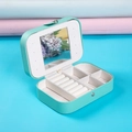 Teal green PU leather jewelry box with mirror and soft beige velvet interior - 16*11*5cm / Lake Blue