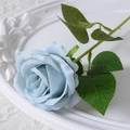 Single lifelike blue artificial velvet rose with green leaves on white lace tray - 7cm / Haze Blue (Silk Cloth)