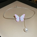Detail of pink acrylic butterfly pendant with silver snake chain and white pearl accent - Pink Glitter Butterfly Style (110#)