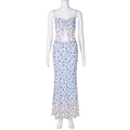 Detail of white mesh floral two-piece set featuring camisole top and fisheye skirt - S / Blue Floral