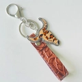 Western style bull head keychain with leopard print and vintage brown embossed leather - Brown Embossed Strap + Light Leopard Print Bull Head