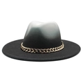 Gradient black and white felt jazz hat with wide brim and gold chain decorative strap - 58cm One Size / Black