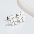 Minimalist silver leaf stainless steel stud earrings with modern abstract floral design - 534 Multi-Leaf Plant - Steel
