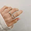 Minimalist silver heart rings set with Cuban chain and textured band for couples - Silver Stacking Heart Ring Set