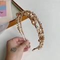 Elegant champagne and clear crystal double-layer headband with gold beads and crystals - Double Layer Full Diamond Style / Champagne Yellow