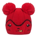 Red knit beanie for kids with dual fluffy pom-poms and cute cartoon fox embroidery - One Size / Red