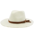Detail of straw sun hat with frayed brim and brown decorative band with buckle - M (56-58cm) / Cream