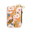 Yellow floral print leather card holder with gold zipper and secure metal clasp - Yellow