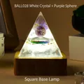 Orgone tree of life pyramid with amethyst ball, white quartz, and square wooden base - Ball028+6cm Square Lamp Base