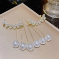 Elegant gold finish tassel earrings with sparkling cubic zirconia and white pearls - Gold Leaf Branch Pearl Tassel (E0098)
